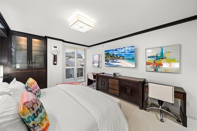 bedroom with crown molding, access to outside, and light tile patterned floors