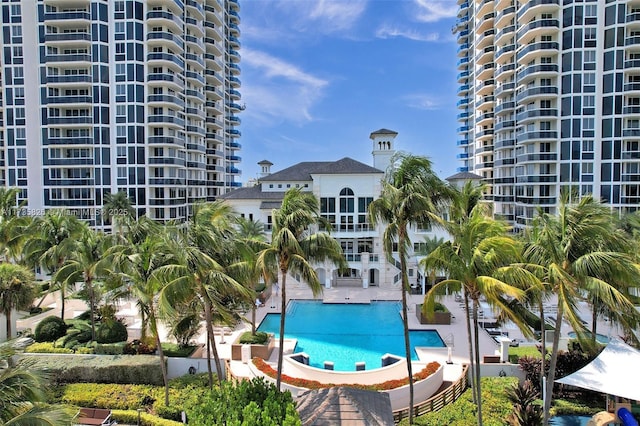 view of swimming pool with a patio