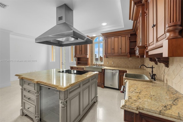 kitchen with dishwasher, island exhaust hood, black electric stovetop, ornamental molding, and a kitchen island