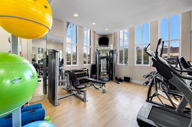 exercise room featuring light hardwood / wood-style floors