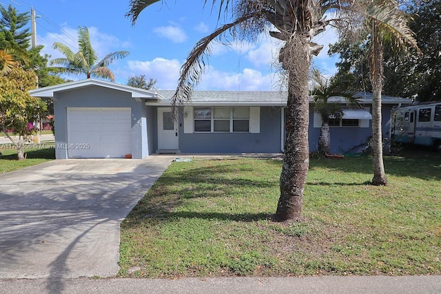 ranch-style house with a garage and a front lawn