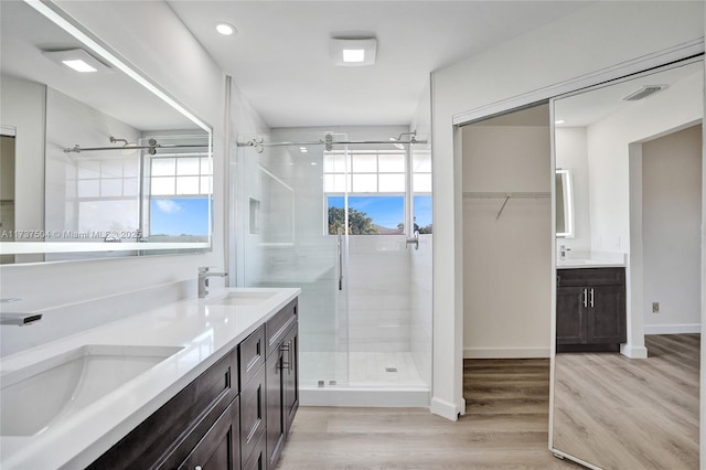 bathroom with vanity, hardwood / wood-style floors, plenty of natural light, and a shower with door