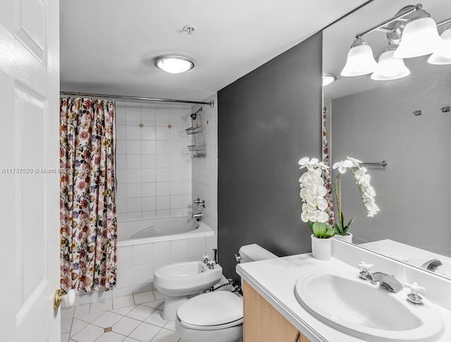 full bathroom featuring vanity, shower / tub combo, toilet, a bidet, and tile patterned floors