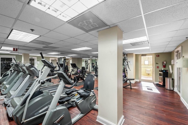 exercise room with dark wood-type flooring and a paneled ceiling