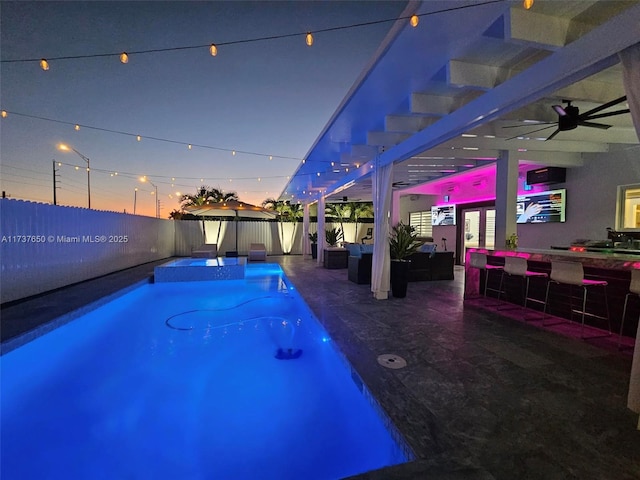 10290 SW 7th Ter, Sweetwater, FL 33174 - view of pool with a fenced in pool, a fenced backyard, ceiling fan, a patio area, and outdoor dry bar