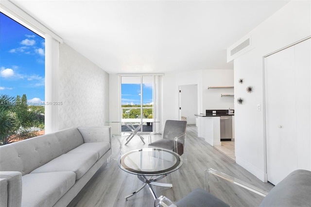 living room featuring plenty of natural light, light hardwood / wood-style floors, and a wall of windows