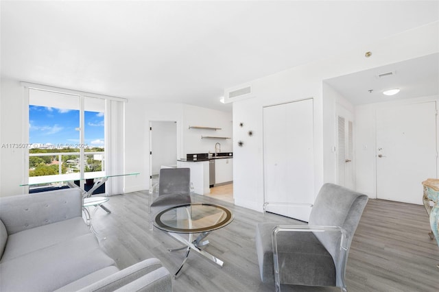 living room with expansive windows and light hardwood / wood-style floors