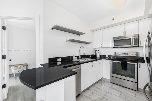 kitchen with stainless steel appliances, sink, white cabinets, and kitchen peninsula