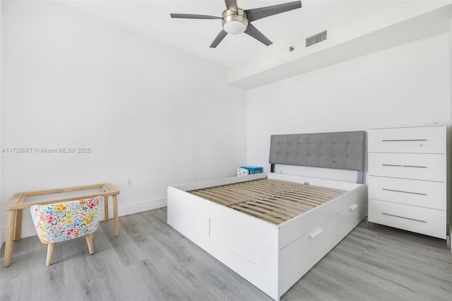 bedroom featuring ceiling fan and light hardwood / wood-style floors