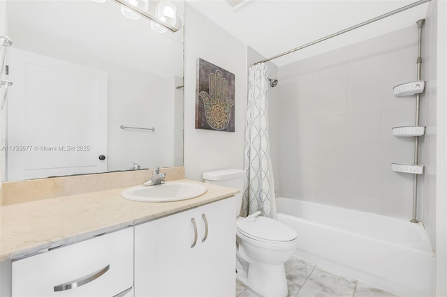 full bathroom featuring vanity, shower / tub combo with curtain, and toilet