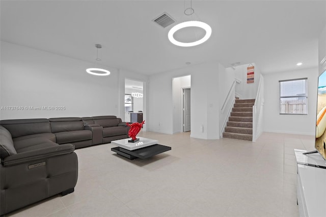 living room featuring light tile patterned floors