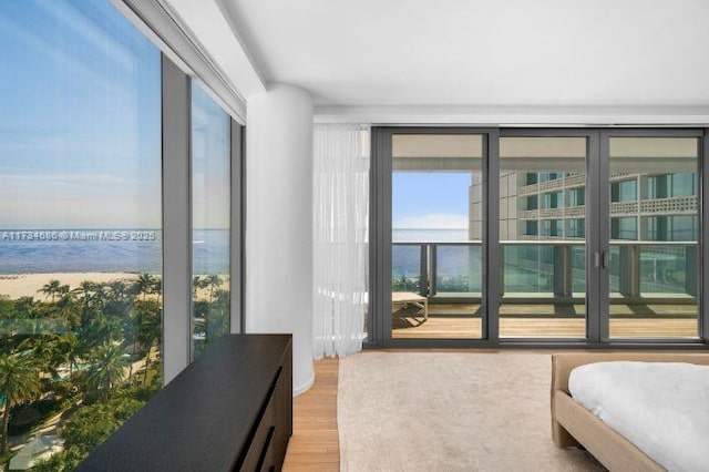 bedroom featuring hardwood / wood-style flooring and a water view