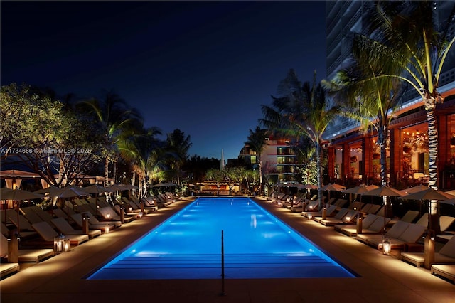 view of pool at night