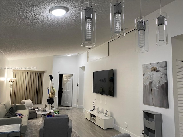 living room with hardwood / wood-style flooring and a textured ceiling