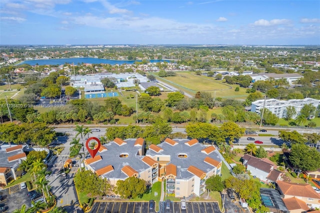 drone / aerial view with a water view