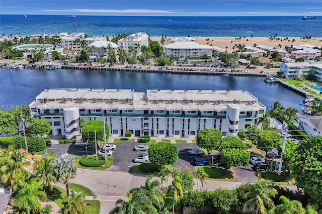 bird's eye view with a water view