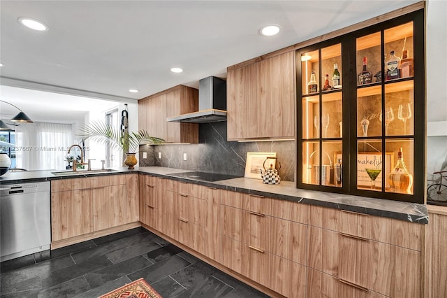 kitchen featuring sink, decorative backsplash, stainless steel dishwasher, wall chimney range hood, and black electric cooktop