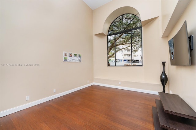 interior space featuring dark hardwood / wood-style floors and a high ceiling