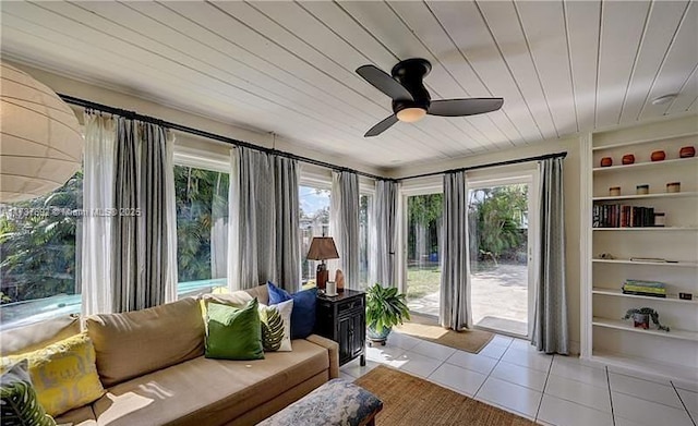 sunroom featuring a wealth of natural light, wooden ceiling, and ceiling fan