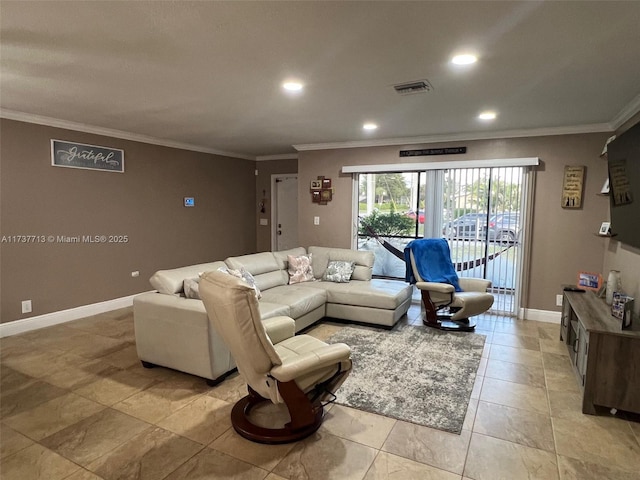 living room with crown molding