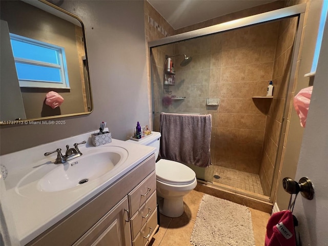 bathroom featuring tile patterned floors, vanity, toilet, and an enclosed shower