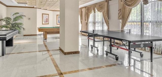 playroom with an ornate ceiling, crown molding, baseboards, and billiards