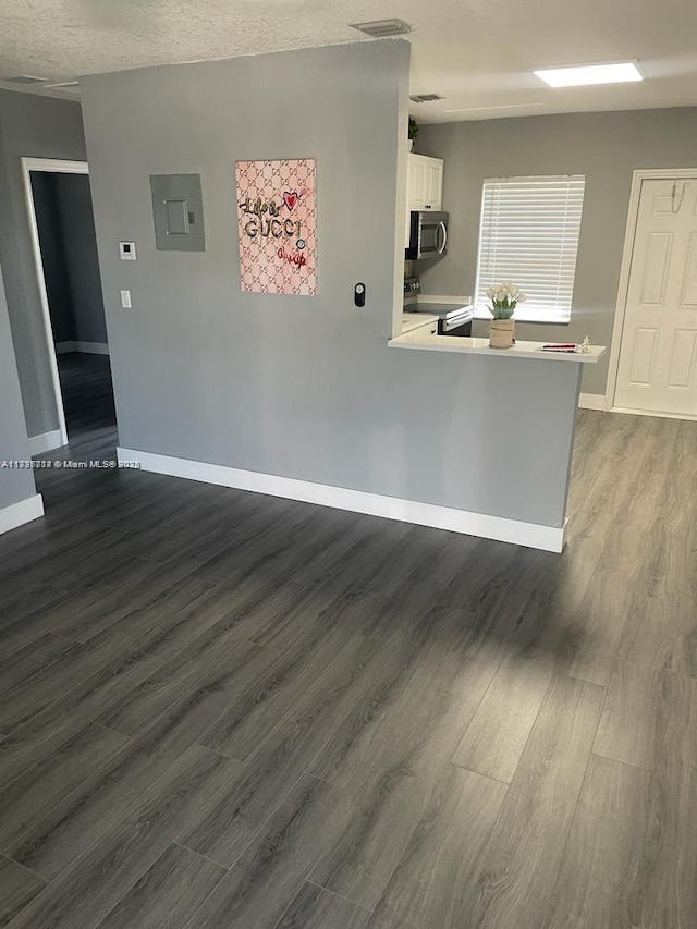 spare room featuring dark hardwood / wood-style flooring, electric panel, and a textured ceiling