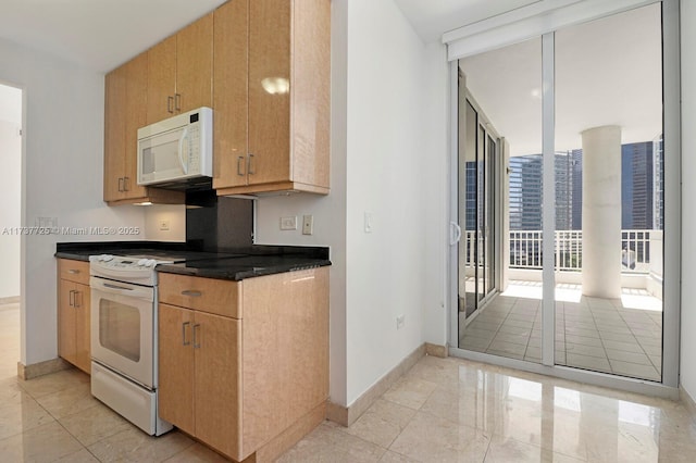 kitchen featuring white appliances and a wall of windows