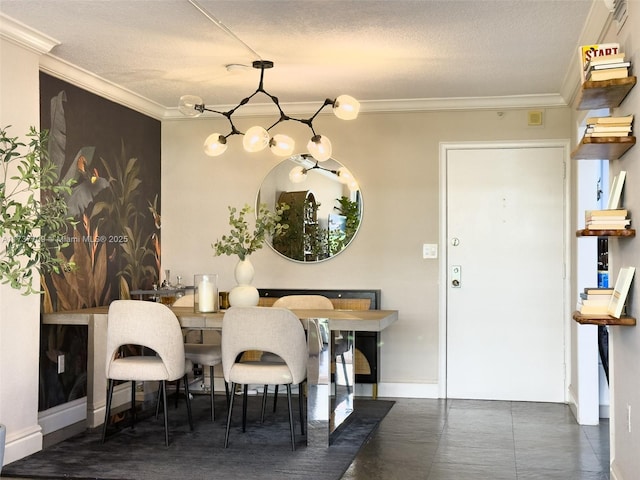 dining room featuring crown molding, a chandelier, and a textured ceiling