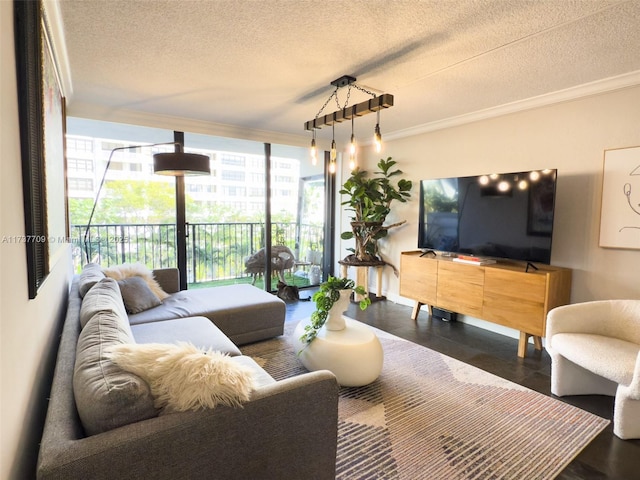 living room featuring a wall of windows, crown molding, and a textured ceiling