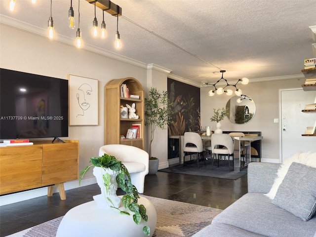 living room featuring a textured ceiling, an inviting chandelier, and crown molding