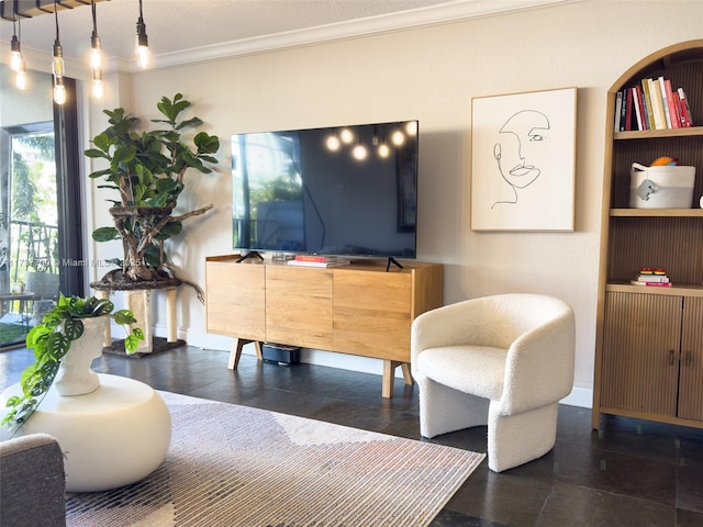 interior space featuring ornamental molding, built in shelves, and baseboards