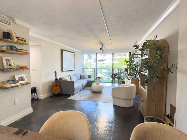 living room featuring crown molding, expansive windows, baseboards, and a textured ceiling