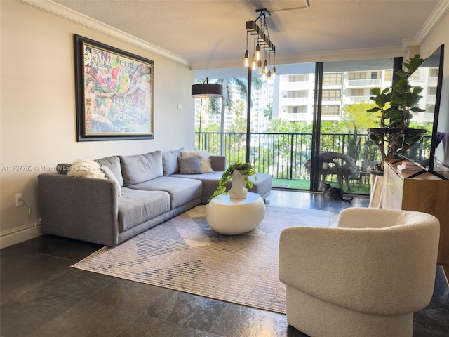 living area with baseboards and ornamental molding