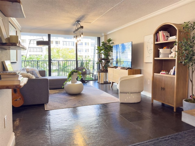 1450 Brickell Bay Dr Unit 306, Miami, FL 33131 - living room with a textured ceiling, ornamental molding, and plenty of natural light