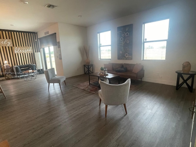 living room with dark hardwood / wood-style flooring and plenty of natural light