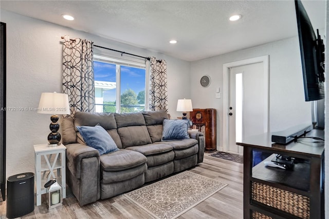 living room featuring light hardwood / wood-style floors and a textured ceiling