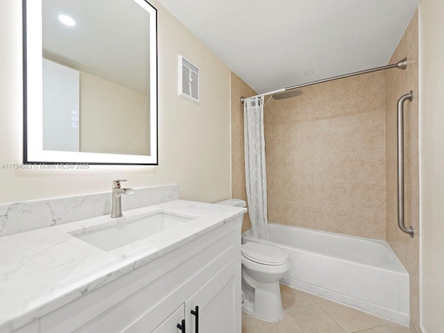 full bathroom with vanity, shower / bathtub combination with curtain, tile patterned floors, and toilet