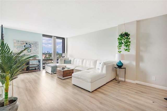 living room with light wood finished floors, expansive windows, and baseboards