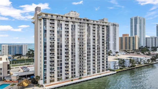 view of building exterior with a water view