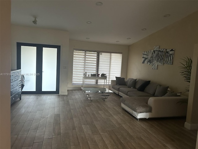 living room with wood-type flooring and french doors