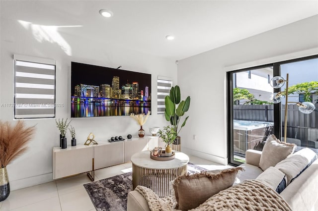 living room with light tile patterned flooring