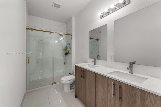 bathroom with walk in shower, vanity, toilet, and tile patterned flooring