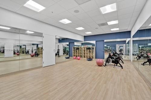 gym with a drop ceiling and light hardwood / wood-style flooring