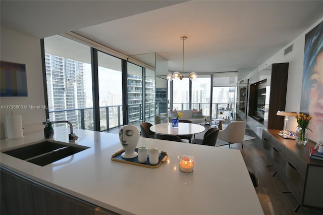 dining room with dark hardwood / wood-style flooring, sink, a notable chandelier, and floor to ceiling windows