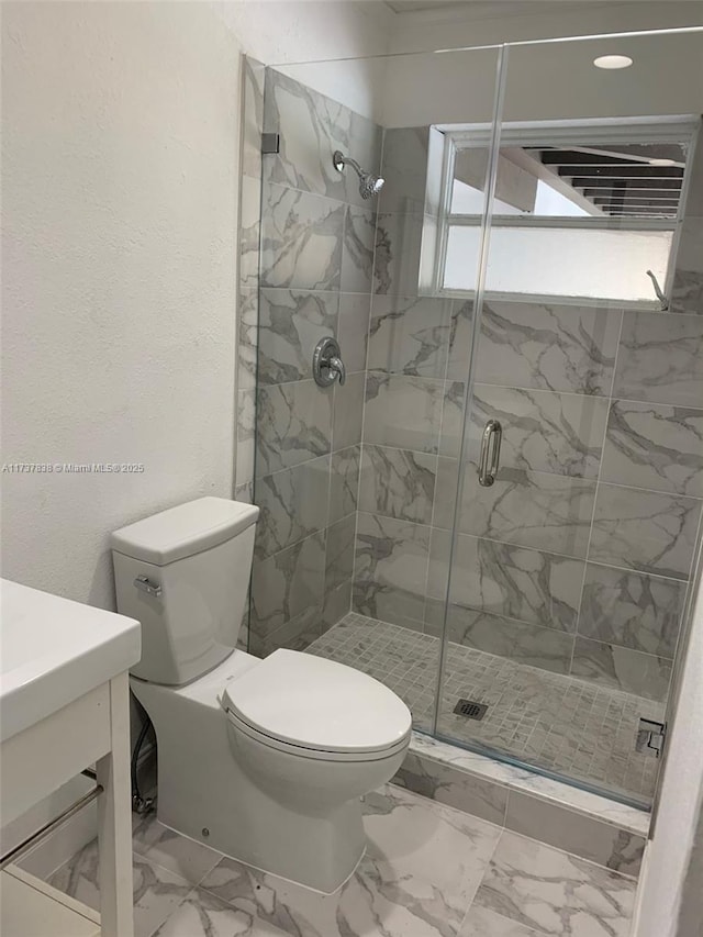 bathroom with vanity, a shower with door, and toilet