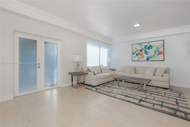 tiled living room featuring crown molding and french doors