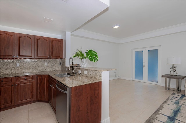 kitchen featuring sink, stainless steel dishwasher, kitchen peninsula, light stone countertops, and french doors