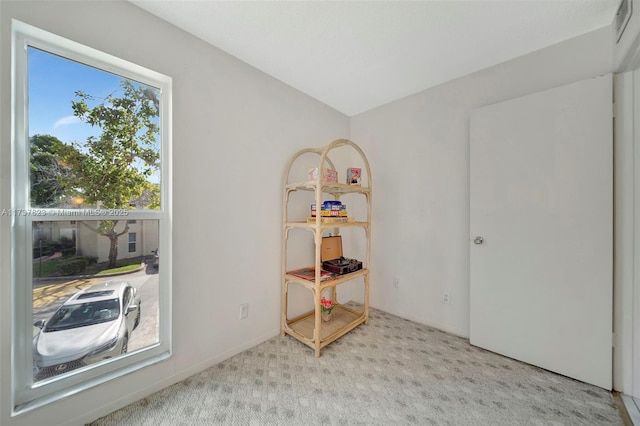 recreation room with light carpet