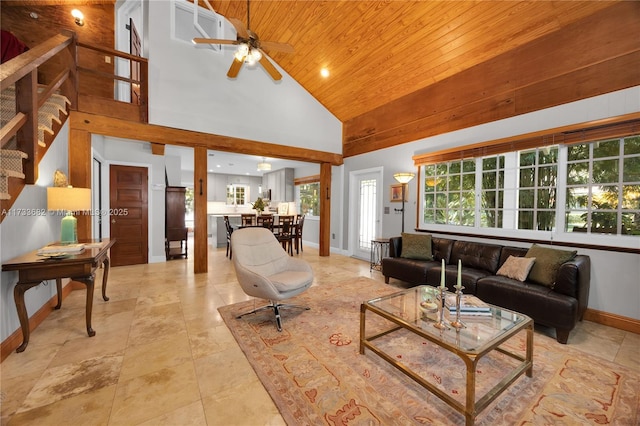 living room with ceiling fan, high vaulted ceiling, and wood ceiling